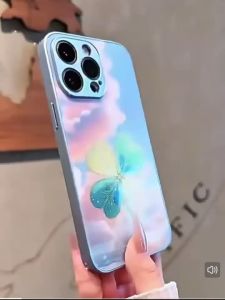 Blue four-leaf clover beautiful pattern glass phone case is suitable for iPhone12promax Anti-drop wrist strap iPhone15promax 13promax 14promax 17pro 16promax 11 12 13 15 16 High-end lanyard