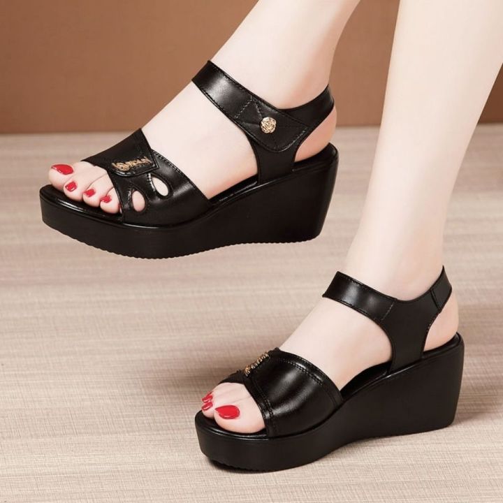 Leather Soft-sloping Wedge Sandals for Women Waterproof Platform