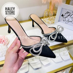 Giày sục nơ xoàn vip trắng HALEY STORE cao gót 7cm quai đính nơ xoàn đá pha lê mũi nhọn công chúa tiểu thư đi tiệc