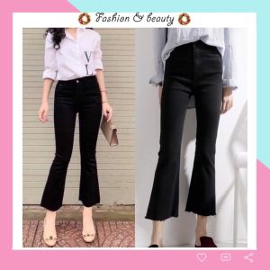 Quần jean ống loe lưng cao màu đen trơn vải jean giấy co giãn Hàn Quốc -HLS-mã 59