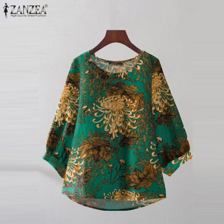 ZANZEA Womens Vintage Crew Neck Floral Printed Blouses Holiday