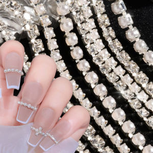 WOOLOVE 20/25cm Pearl Claw Chain Nail Rhinestones 3D Metal Silver AB Diamond Pearl Chain Can Be Cut DIY Charm Nail Art Decorations Accessories