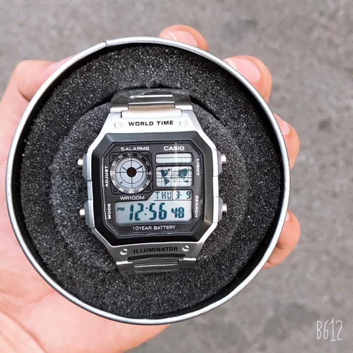 Đồng hồ nam Casio AE 1200-WHD classic chống nước , dây thép không gỉ (dây bạc mặt đen).