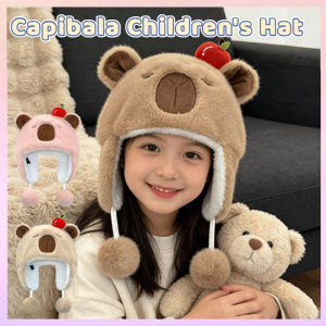 Kids Capybara Plush Hat Windproof Cold-Proof Pullover with Cartoon Ears Double Pompoms