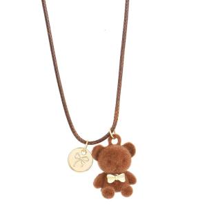 Elegant Charm Lovely Brown Bear Pendant Necklace Featuring Flocjing and Rope Materials Accessory for Women