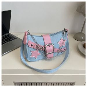 EERSHENSHI  สาวร้อนลมดาวสายโซ่เข็มขัดหัวเข็มขัดกระเป๋าสะพายผ้ายีนส์แฟชั่นบุคลิกภาพอินเทรนด์กระเป๋าหญิง