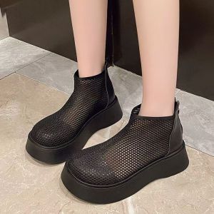 ZEEMIN Spring Summer New Womens Mesh Hollow Out Ankle Thin Boots Thick Sole Non Slip Breathable Zippers Round Toe Flat Sole Sandals