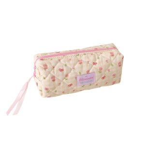 HUNIU Storage Y2k Flower Pencil Case Bow Quilted Pencil Pouch Large Capacity Korean Style Pen Bag Fashion Simple Cloth Stationery Bag Stationery Holder