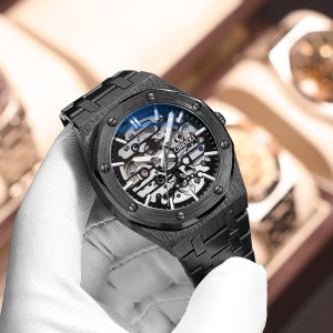 2022 Hot Selling Automatic Mechanical Watch Mens Waterproof Luminous Hollow Out High-end Mens Stainless Steel Strap Watch Birthday Valentines Day Gift-Send Box