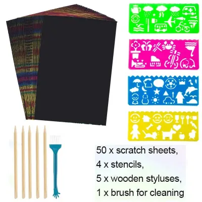 16/60Pcs Scratch Paper Kids Rainbow Magic Scratch Off Paper Sheets Art Craft Kit Black Note Paper Drawing Pads with Stencils