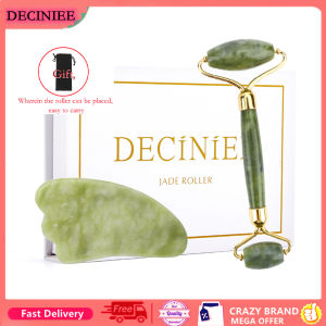 DECINIEE 100% Natural Rose Quartz Jade Crystal Xiuyu Roller Gua Sha Set Guasha Scraper Facial Roller Massager Face Lifting Slimming for Neck Body Skin Care With Box+Pouch