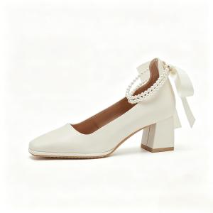Womens Mary Jane Square Toe Fairy High Heels Vintage Pumps with Pearls Ribbon & Bowknot Decor