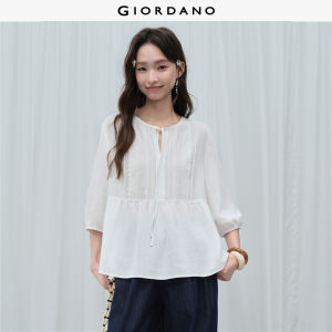 Giordano Women Lace panel pintuck tie neck 3/4 sleeve blouse Free Shipping 18346719