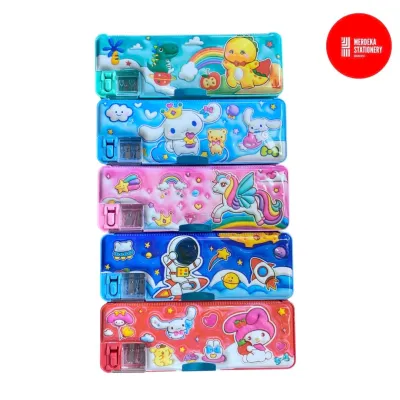 Pencil Case/Tempat/Tepak/Kotak Pensil Magnet + Rautan Plastik Murah Kartun My Melody/Astronot/Unicorn/Dinosaurus CNX-825