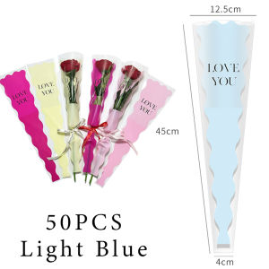 50pcs Bouquet Bag Wavy Edge Design Transparent Plastic Gift Packaging Valentines Day Single Flower Rose Packaging