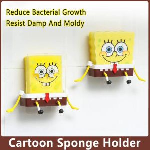 SDFBN การ์ตูน SpongeBob เล็กไปหน่อย ตะกร้ากรองพร้อมฟองน้ำ ของใช้ในครัวเรือน ห้องครัวอ่างล้างจานท่อระบายน้ำ ที่วางฟองน้ำ อ่างล้างจานท่อระบายน้ำ ชั้นวางท่อระบายน้ำ