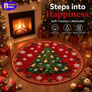 BERMA BABY Round Christmas Area Rug Tree Snowflake Print Non Slip Washable Floor Mat Bedroom Living Room