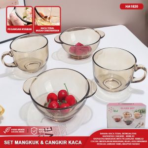 Glass Kaca Drinking Kopi Teh Air Aesthetic Pattern Gagang Purple Cup Mangkuk+Cangkir Set Mug Cantik