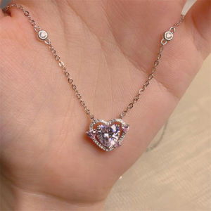 [fenggongshuode] Zircon Heart Pendant Necklaces Y2K Pink Heart Ladies Girls Fashion Elegant Clavicle Chain Women Jewelry Gifts