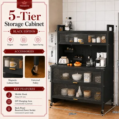 Multi Layer Kitchen Cabinet Storage Rack Carbon Steel Microwave Stand Dustproof Cupboard With Wheels Pegboard For Pantry