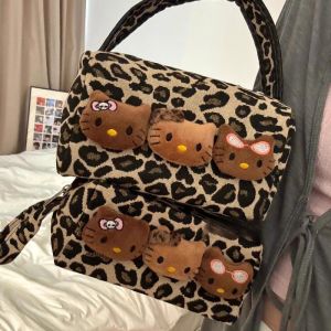 Cute Leopard Print Hello Kitty Makeup Bag Kawaii Zipper Travel Storage Bag Portable Cosmetic Toiletry Handbag