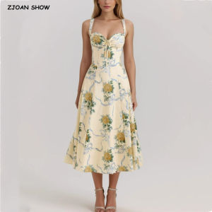 2025 Romantic Yellow Floral Print Bow Ruched Bra Chest Sling Dress Women Low Waist Fold Swing Lace Lining Midi Long Dresses Robe2026