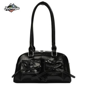 Women Stylish Underarm Bag Double Pockets PU Leather Daily Commuting Bag with Bow Simple Shopping Bag Solid Color Chic Hobo Bag