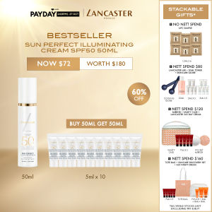 [Buy 50ml Get 50ml] Lancaster Sun Perfect Illuminating Cream SPF50 50ml + Complimentary 10 x 5ml Sun Perfect Illuminating Cream | Lightweight Dewy-Finish Sunscreen with Sun Repair Complex to Repair UV Damage