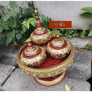 มี 2 ขนาด 10"/12" ชุดขันโตกเซี่ยนหมาก ไม้จามจุรีแท้ เดินเส้นประดับกระจกสี (ครบชุด 4 ชิ้น) เซี่ยนหมากโบราณ สีแดงเก่า/รมดำ/ทองเก่า ของแต่งบ้านวินเทจ ของขวัญผู้ใหญ่ ชุดถวายพระ