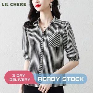 LIL CHERE Womens Blouse Striped Chiffon Shirt V-neck Blouse