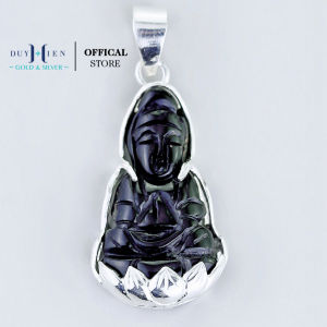 Mặt Dây Chuyền Bạc Duy Hiển Hình Tượng Quan Thế Âm Bồ Tát Đá Mã Não Đen Bọc Viền Bạc Trơn Đơn Giản Đẹp
