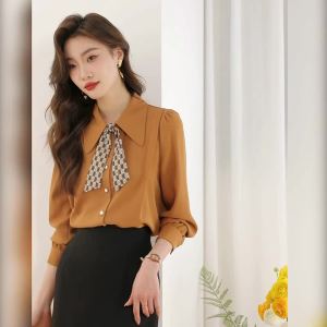 Ammin mùa xuân và mùa thu tay áo dài nữ cao cảm giác giải trí đi lại Áo sơ mi công sở pháp thời trang rộng thùng thình cổ điển nơ ruy băng ống tay phồng Áo Voan