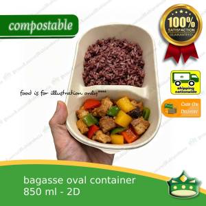 [50 pcs] bagasse 2D oval 850ml container with lid compostable biodegradable take away box