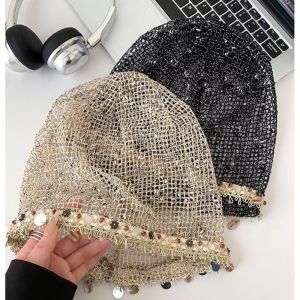 FLYING Hollow Out Mesh Beanie for Women Seasheel Tassel Trim Breathable Knit Skull Cap Stylish Lightweight Beaded Crochet Cap Spring Summer