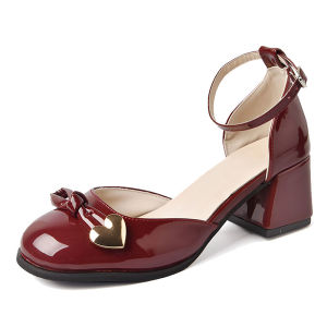 Mary Jane Womens Shoes Bowknot Round Toe Shoes Mid-Heel Red Thick Heel High Heels