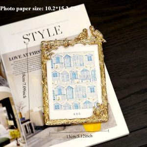 FFBH Picture Frame with Golden Floral Branch & Love Birds Vintage Metal Photo Frame HD Glass Wedding Gift for Couples Woman R7Q2P