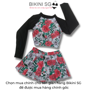 Đồ bơi nữ kín đáo dài tay croptop phối váy quần hoa mẫu đơn đi bơi đi biển tiện lợi BIKINI SG