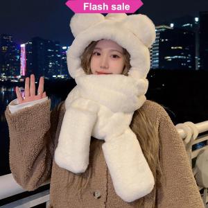 SHENHAO2🎀 Mùa Đông Ấm Áp Lông Cừu Sang Trọng 3-Trong-1 Gấu Tai Mũ Trùm Mũ Khăn Găng Tay Thiết Lập Một Mảnh Windproof Phụ Kiện Ngoài Trời Cho Thời Tiết Lạnh