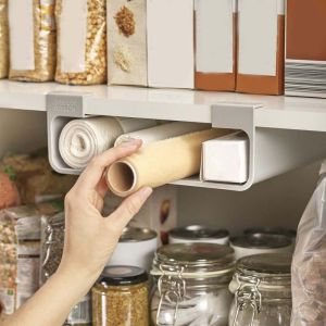 CHENJIE Grey Cling Film Organizer No-Punch Plastic Tinfoil Organizer Durable Space Saving Hanging Cabinet Storage Shelf for Home