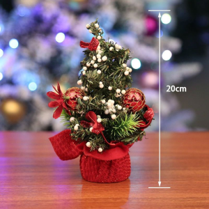 20CM Tabletop Mini Christmas Tree Small Artificial Pine Tree with Ball Flower Ornament Burlap Base for Table Deco