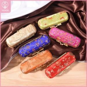 【YIDAO4】 Fashion Iron Clip Lipstick Case Holder With Mirror Inside Snap-On Closure Retro Brocade Embroidered Flower Design Lipstick Case Holder Box with Mirror Lipstick Case Holder Hot Box Brocade New With Mirror Embroidered Flower Design Accessories Port