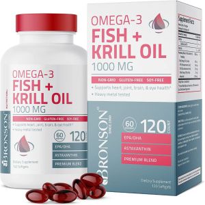 Viên uống dầu nhuyễn thể Omega-3 Fish + Krill Oil 1000mg Bronson hộp 120 viên [Hàng Mỹ]
