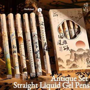 6Pcs Straight Liquid Rollerball Gel Pen Quick Drying Smooth Brush 0.5mm Black Ink Pen Office School Supplies