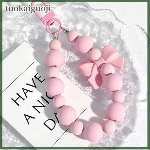 tuokaiguoji Sweet Pink Bow Beaded Keychain Mobile Phone Chain Earphone Bag Charms Anti-lost Rope Car Keyring Backpack Pendant Jewelry
