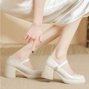 🤍beauty shoes🤍รองเท้าแมรี่เจนสตรีรุ่นใหม่ ตกแต่งด้วยหัวเข็มขัดมุกทันสมัย ​​กันน้ำ ส้น 6 ซม. รองเท้าหนังนักเรียนลำลอง