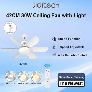 Jiditech Wooden Ceiling Fan Light With Remote Control 60W 52CM 6 Blades Ceiling Fan With Light