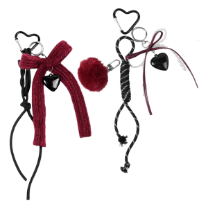 Unique Wine Red Yarn Heart Bowknot Keyring Vintage Sweet Cool Keychain Stylish Car Key Ring Accessory for Trendy Women