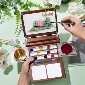 Foldable Wooden Paint Palette Portable Outdoor Travel Painting Board Wooden Watercolor Palette Student/Artist Art Supplies