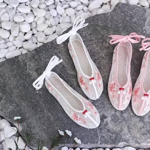 [Free Shipping] Mesh Floral Embellished Modified Hanfu Shoes For Women Spring/Summer Ancient Style Embroidered Flat Shoes Mesh Pearl Ancient Costume Sandals