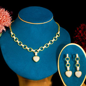 SEQUITO Women Modern Jewelry Yellow Gold Color Micro Pave CZ Zirconia Girly Pageant Party Heart Earrings Clavicle Chain Set Dress Accessories SJ338